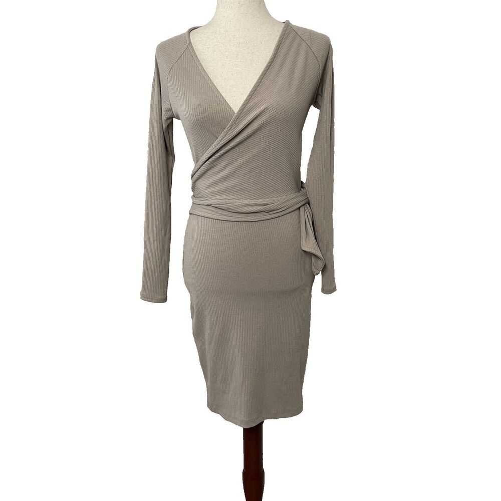 VICI Womens Ribbed Knit Wrap Dress Taupe Long Sleeve Small Bodycon Form Fitting